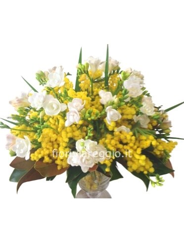 Bouquet con mimosa e fiori bianchi