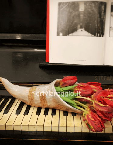cornucopia con soffioni con composizione floreale natalizia